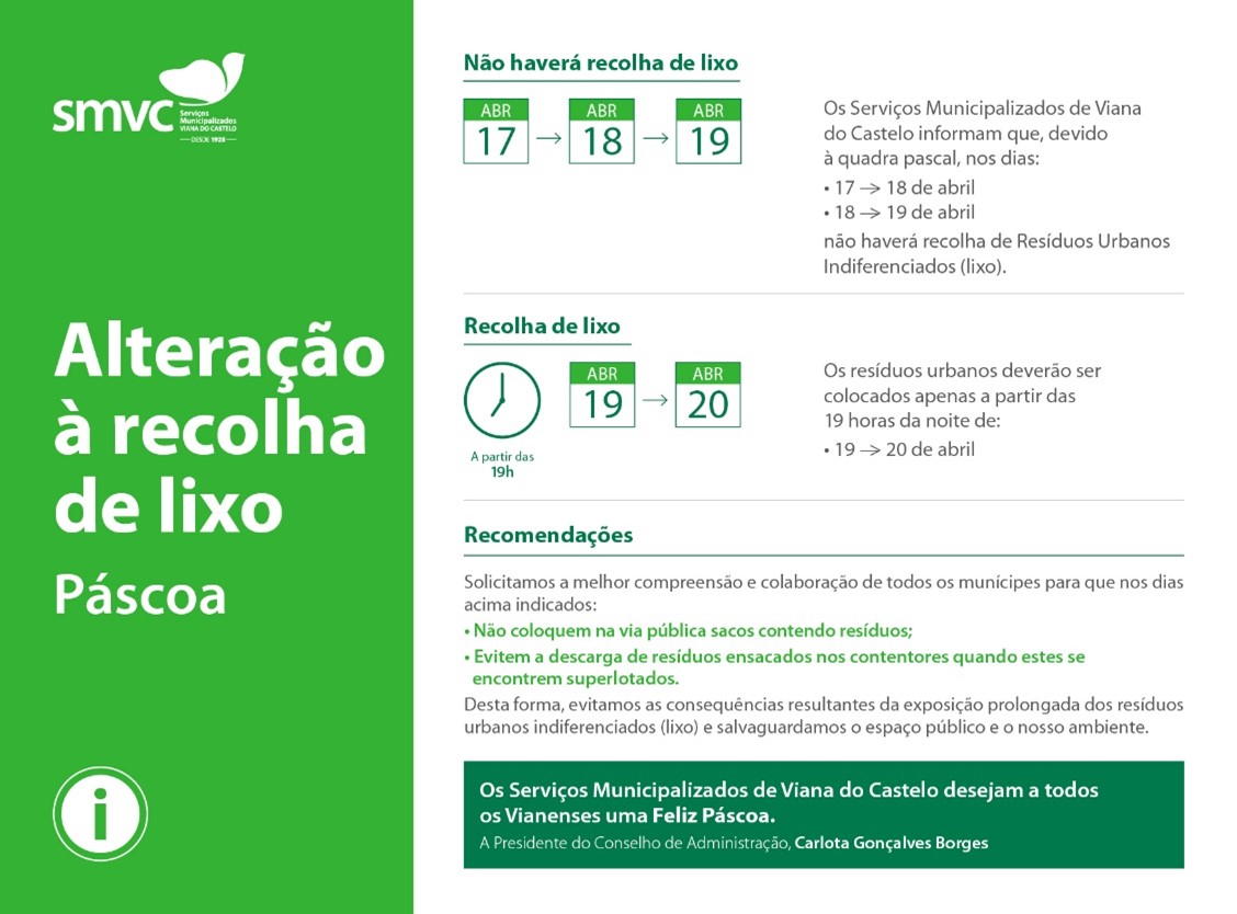 Alteração à recolha de lixo - Páscoa